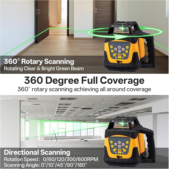 Self-Leveling Green Rotary Laser Level Kit, 2300ft Range with Receiver, ±1/10" Accuracy at 100ft, Class II ≤ 5 mW Laser, IP66 Waterproof, Includes Tripod, Grade Rod & Carrying Case