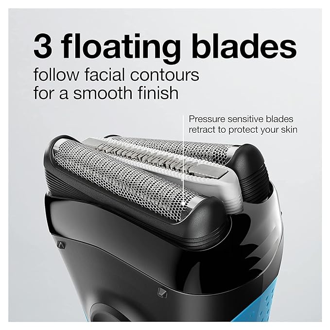 Braun Electric Series 3 Razor with Precision Trimmer, Rechargeable, Wet & Dry Foil Shaver for Men, Blue/Black, 4 Piece