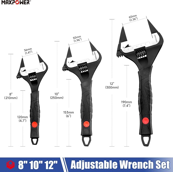 MAXPOWER Slim Jaw Adjustable Wrench Set, 8" 10" 12" Wide Jaw Opening Adjustable Wrench, Dual Scale with Metric and SAE, Deep Jaw with Soft Grip Handle, Jaw Capacity 36mm 50mm 60mm