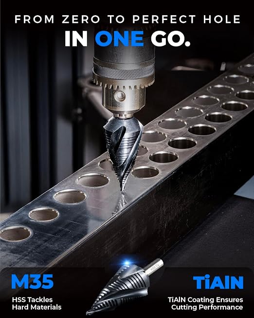 toolant Four Spiral Flute Cobalt Step Drill Bit Set(Pro Max), 1/8"-7/8"(3pcs) Impact Ready Unibit Step 1/4" Hex Shank Step Bits for Metal, Stainless Steel, Aluminum, Wood, Plastic