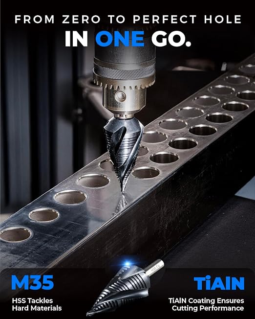 toolant Four Spiral Flute Cobalt Step Drill Bit(Pro), 1/8"-1/2" Impact Ready Unibit Step Drill Bit, 1/4" Hex Shank Unibit for Metal, Stainless Steel, Aluminum, Plastic