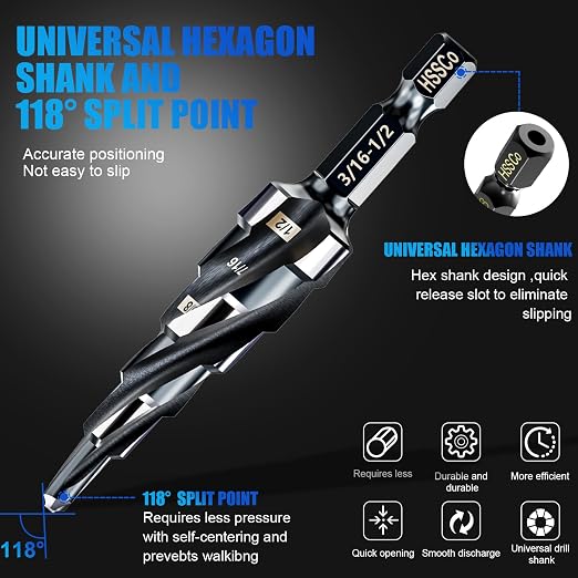 Four Spiral Flute M35 Step Drill Bit Set 3/16"-1/2"(6 Sizes), 1/4" Shank for Metal Step Drill bit, Impact Resistant Cobalt Step Drill Bit, for Stainless Steel, Wood, Aluminum, Plastic