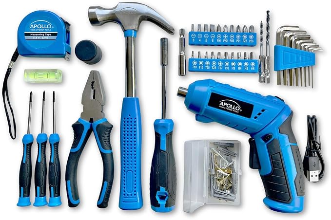 Apollo Tools 81-Piece Home Tool Set with 3.6V Li-Ion USB Cordless Screwdriver, Rotating Handle, LED Light, Hand Tools & Picture Hanging Kit – Compact Household Repair & DIY Kit, Blue/Gray DT2020