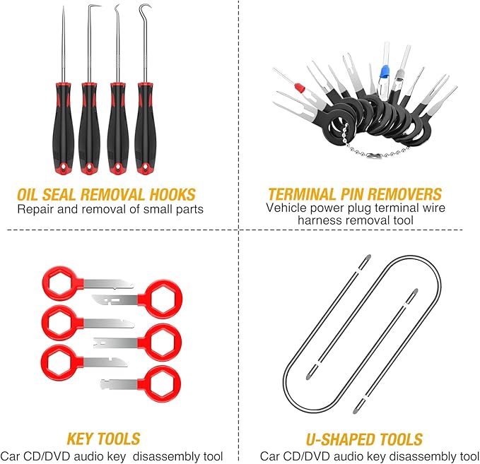 GOOACC 88Pcs Trim Removal Tool, Auto Push Pin Bumper Retainer Clip Set Fastener Terminal Remover Tool Adhesive Cable Clips Pry Kit Car Panel Radio Removal Auto Clip Pliers