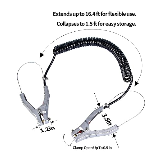 Anti-Static Grounding Cable Clamp, Aluminum 16.4ft Coiled Cable Copper Pin