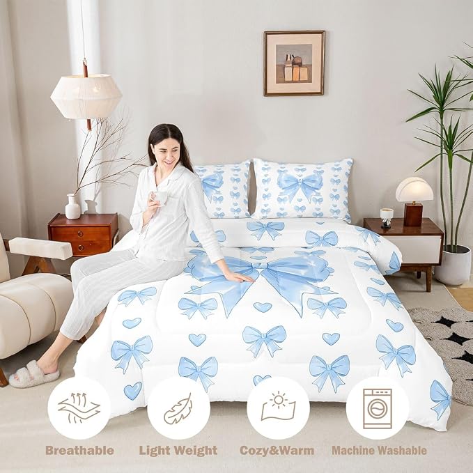 Feelyou Cute Blue Bowknot Kids Comforter Set Queen Size Love Hearts Bow Bedding Set Girly Bow Duvet Quilt for Kids Boys Girls Bedroom Decor Microfiber Ultra Soft Breathable