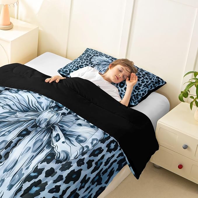 Feelyou Leopard Print Comforter Set All Season Cute Blue Bow Bedding Set with 1 Pillow Cases Cheetah Animal Fur Microfiber Kids Twin Bedclothes Bedroom Decor Duvet Quilt Breathable Soft Lightweight