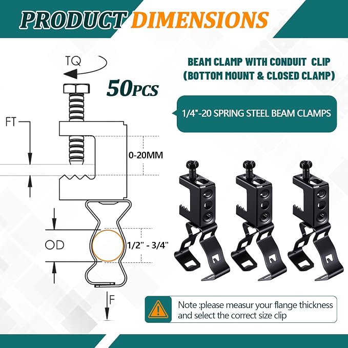 Tandefio 50 Pcs 1/4"-20 Beam Clamps with 1/2" - 3/4" Conduit Clip Spring Steel Bolt on Clamp Vertical Mount Offering Fast Installation for Electrical, Lighting, and Cable Routing Systems, Black