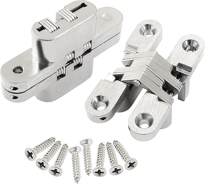 60 mm Hidden Hinge, Stainless Steel 180 Degree Invisible Cross Hinges for Kitchen Cabinet Door, Frameless Concealed Hinge with Screws, 2pcs