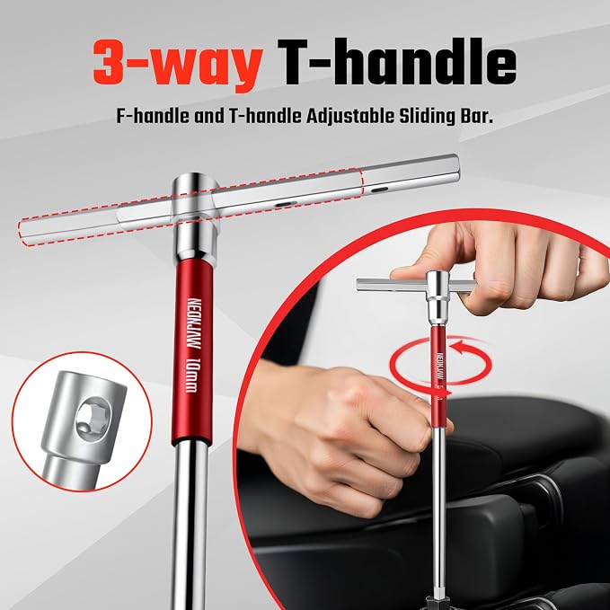 10pcs T-Handle Hex Allen Key Wrench Set 10mm 8mm 6mm 5mm 4.5mm 4mm 3.5mm 3mm 2.5mm 2mm with 3-Way Sliding Handle, Spinning Sleeve, Steel Storage Rack for DIY, Mechanics, Red