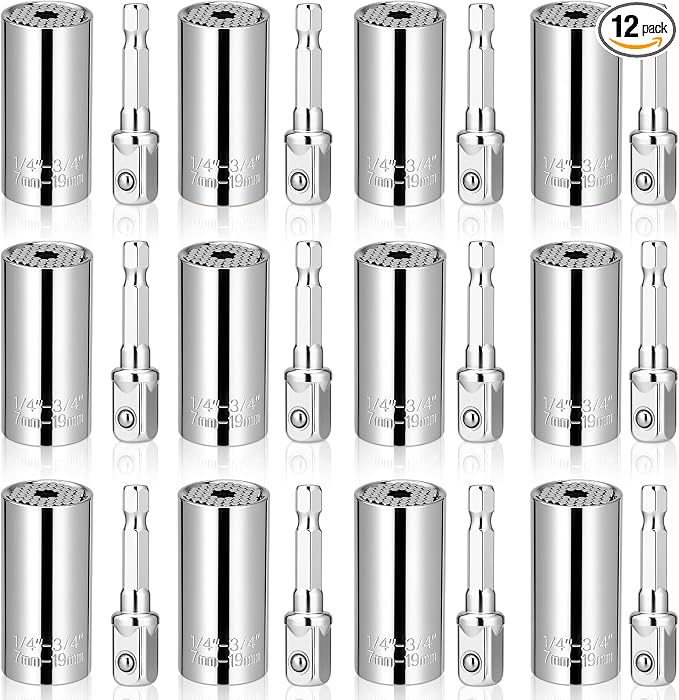 12 Pack Universal Socket, 7-19mm Adjustable Wrench with Power Drill Adapter, Self Adjusting Socket Fits Standard Metric Nuts Bolts Hooks Eye Screws for Auto Repair (Silver)