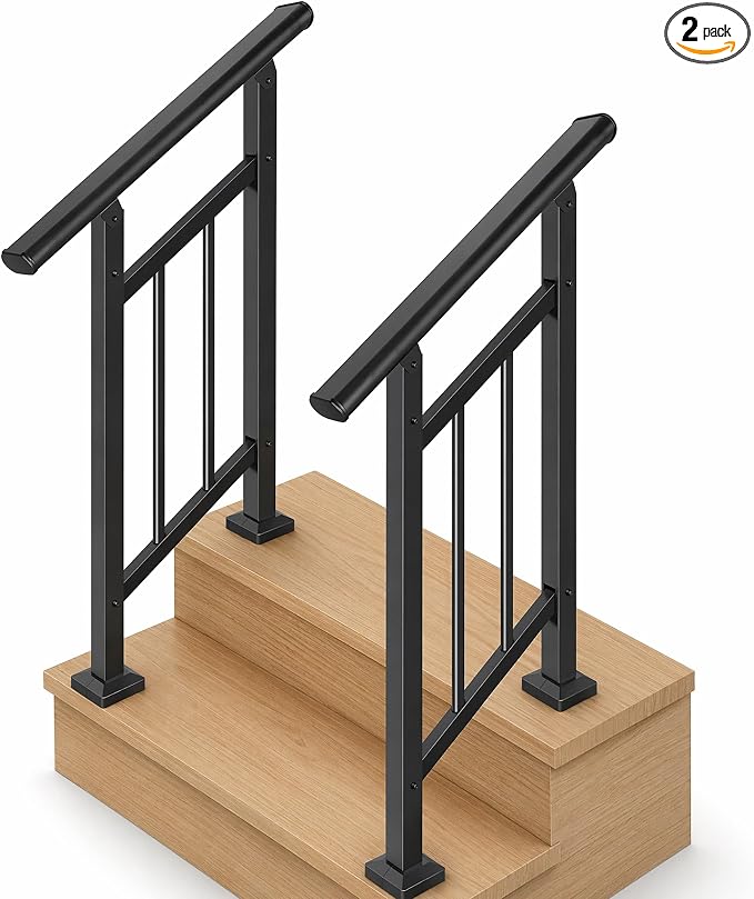 Hand Rails for Outdoor Steps，Stair Handrail & Indoor Stair Railing Kit，Railings for Outdoor Steps for Fence & Outdoor Steps (2, Black-with Balusters, 2 Step)
