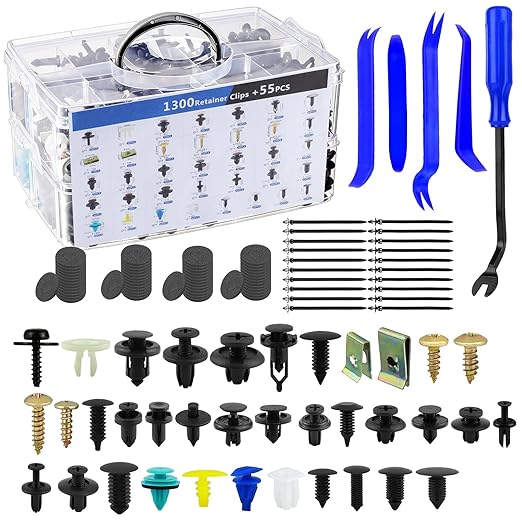 1355Pcs Car Body Retainer Clips Set - 3-Layer Storage Box with Metal Screws & U-Nuts. Universal Auto Push Pin Rivets + 5 Blue Trim Removal Tools for Bumper Fender (1355Pcs)