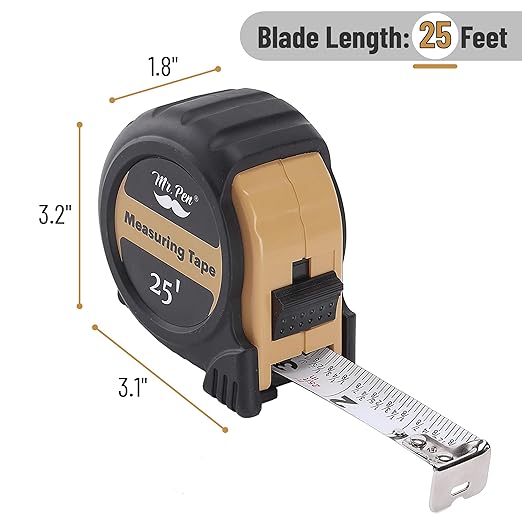 Mr. Pen- Retractable Tape Measure 25 ft, Light Brown, Easy Read, Steel Retractable Measuring Tape with Fractions, Ideal for Construction & DIY Projects