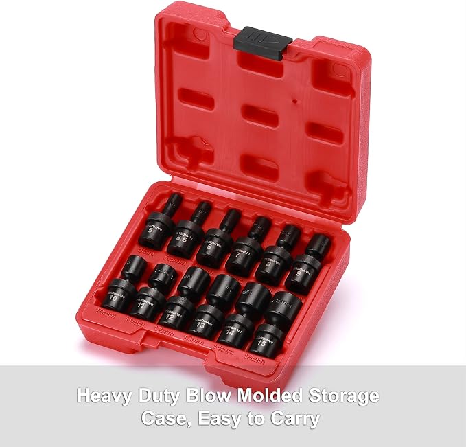 CASOMAN 1/4-Inch Drive Shallow Universal Impact Socket Set, Metric, 12 Pieces Set, 5mm to 15mm, 6-Point, Cr-Mo, Swivel Socket