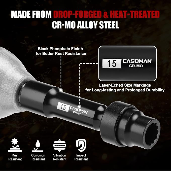 CASOMAN 9-Piece 1/2 Inch Drive Driveline Limited Clearance Socket Set, Deep Impact Swivel Socket Set, 12-Point, Metric, 8mm - 17mm, Cr-Mo Steel, with Heavy Duty Storage Case