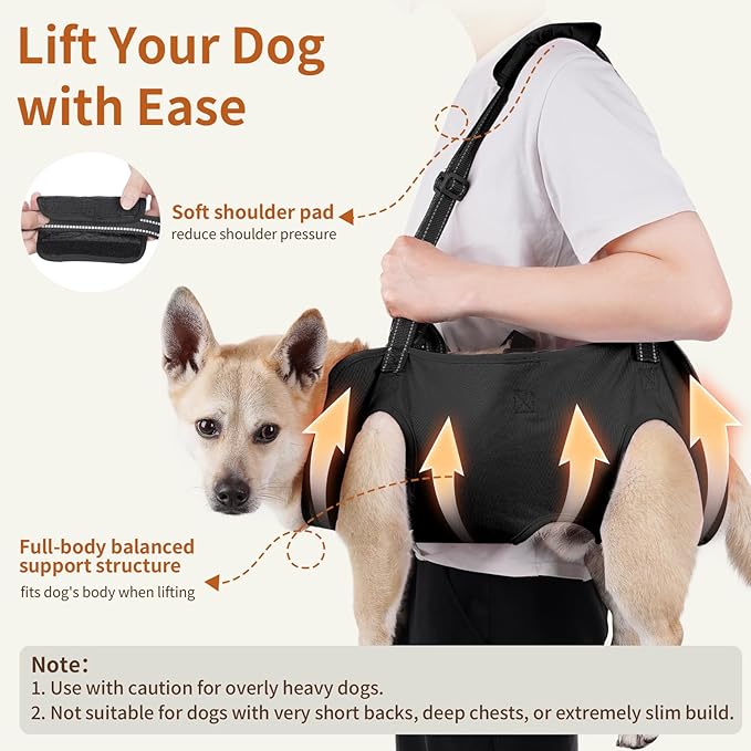 Full Body Dog Lift Harness, Support Senior & Disabled Dogs Walking | Help Up & Down Stairs Grooming, Dog Sling Backpack, Front Hind Leg Joint Injuries, Reflective, Soft Padded Handle | Black, XL
