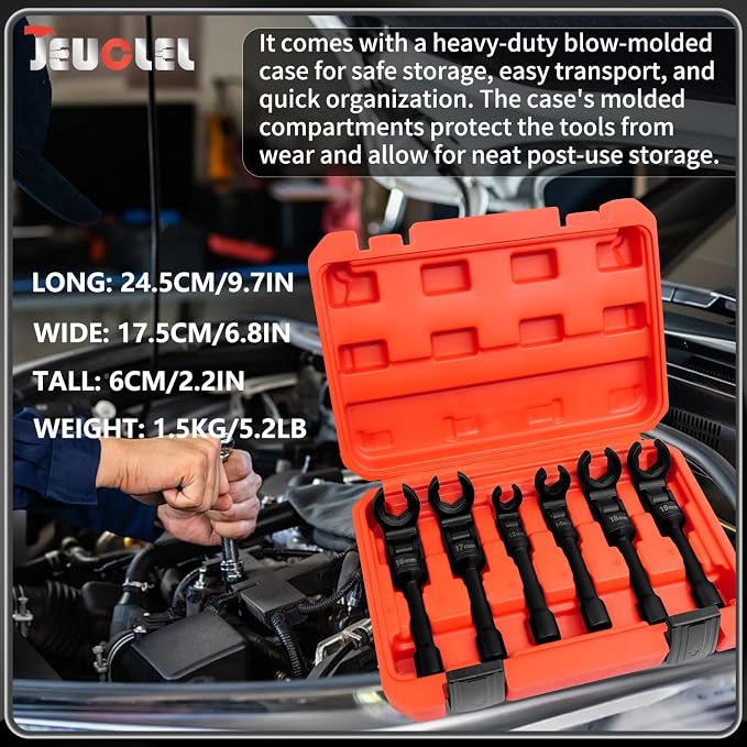 6PCS 3/8" Drive Long Flex Head Injector Fuel Line Socket Wrench Set | Metric, 12-19mm, Crowfoot Flare Nut, Hydraulic Lines, Nuts, Bolts Remover, Hand Removal Tool, CR-V Steel