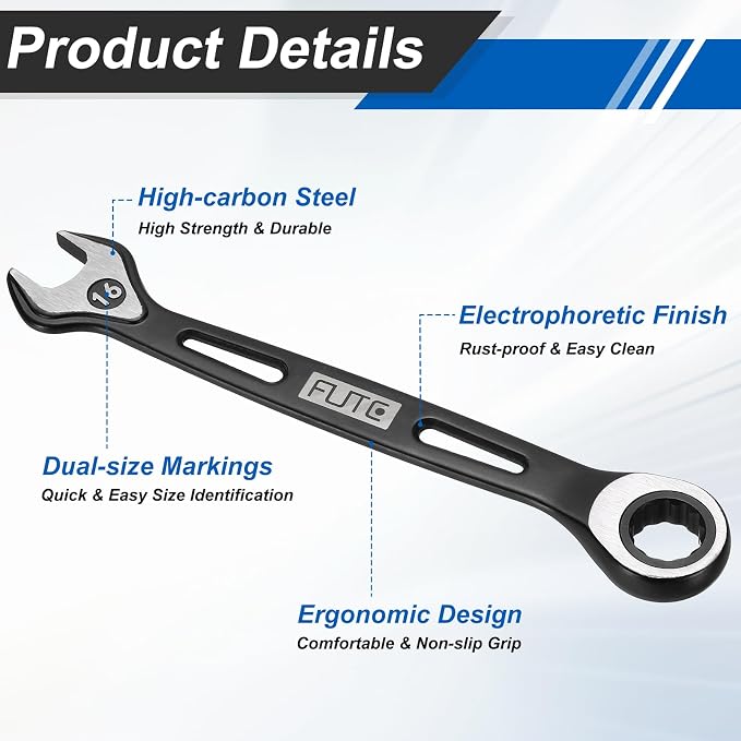 HARFINGTON 2Pcs Ratcheting Combination Wrench 16mm Stubby Wrench Metric High Carbon Steel Double 12-Point Box Open-Ended Ratchet Spanner Tool for Household Garage Workshop Auto Repairs, Black