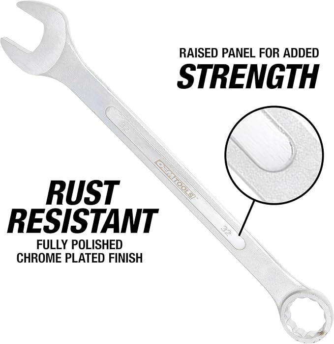 OEMTOOLS 8-PC 12 Pt. Metric Jumbo Combination Wrench Set 21 mm - 32 mm | Chrome Plated Finish Box End Wrenches, 15° Offset, Includes Canvas Wrench Roll, Drop-Forged Alloy Steel