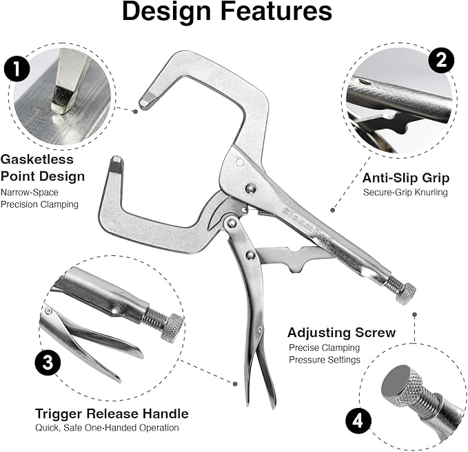 11" Locking C-Clamp Pliers, 3-3/8" Max Jaw Opening & 2-3/8" Throat Depth, 900 Lbs Heavy Duty Clamping Force, Heat-Treated Alloy Steel with Nickel Plating for Welding & Woodworking 4 Pack