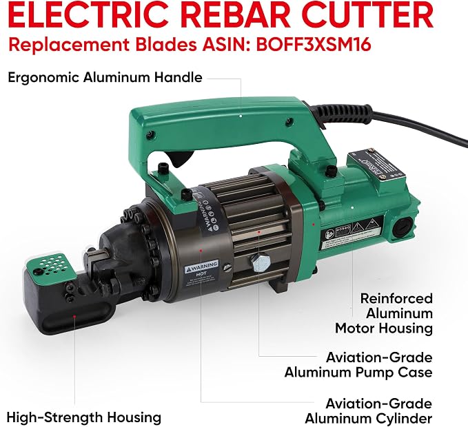 Electric Hydraulic Rebar Cutter, 1000W 120V Corded, Portable Steel Bar Cutter, 5/8" (#5) 4-16mm Capacity,Cutting Speed 1s, Lightweight 16.5 lbs, Model PC-16 (Green-16)