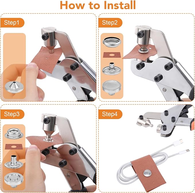 Dntorx Heavy Duty Snap Fastener Tool with 100 Sets, 15mm Snap Button Kit Stainless Steel Snap Fasteners Kit Snap Kit with Tool Snaps for Ffabric Leather Sewing DIY Crafts(Orange)