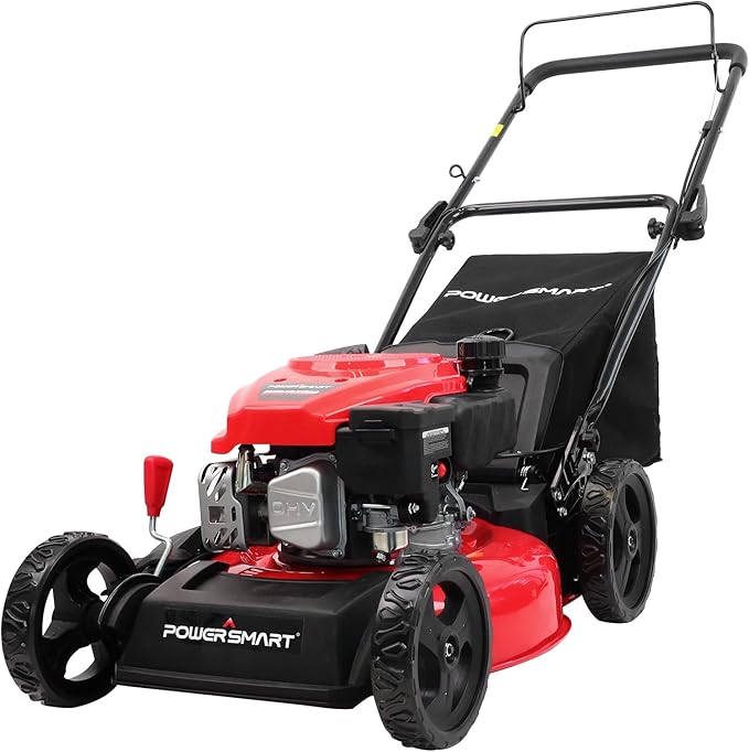 PowerSmart EasyCut 18-Inch Gas Lawn Mower, 144cc 4-Stroke OHV Engine, Push Walk-Behind, 3-in-1 Mulch/Bag/Side Discharge, Steel Deck, 6 Height Adjustment