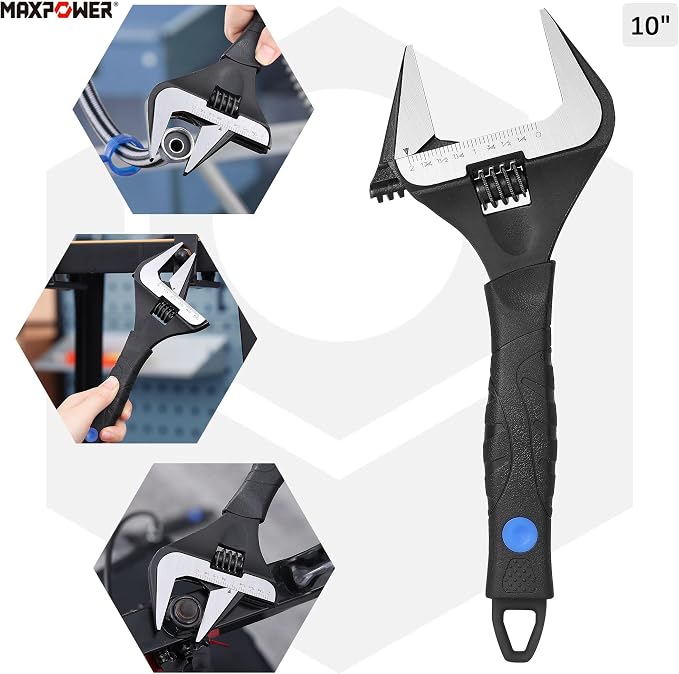 MAXPOWER 10-inch Wide Jaw Adjustable Wrench, 2-inch Jaw Capacity | Cr-V Steel, Stubby Plumbing Wrench, Soft Grips, Smooth Jaws