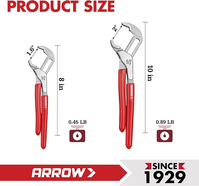 Arrow 2-Piece V-Jaw Groove Joint Pliers Set (8" & 10"), Quick Adjustable Water Pump Pliers with 18 Positions, CR-V Steel, for Plumbing, Automotive, Mechanical Repair and Household Use