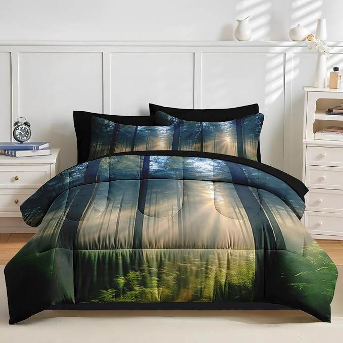 Nesker Comforter Set Full Size, Sunlit Forest Nature 7 Pcs Bedding for Kids and Adults, Misty Tree Forest Bed Sheet Sets with Fitted Sheet 2 Pillowcases & 2 Shams