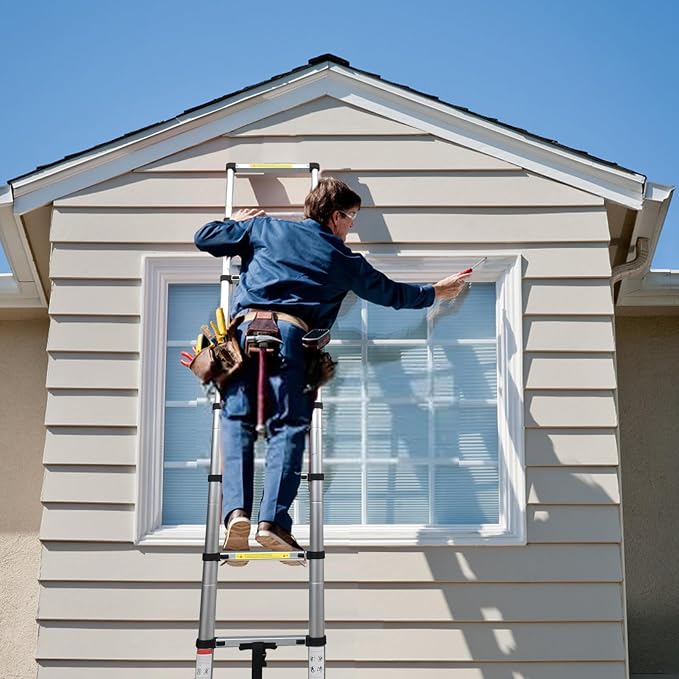 BOCOM 8.5 FT Aluminum Telescoping Ladder, Lightweight Multi-Purpose Collapsible Extension with 2 Triangle Stabilizers, Heavy Duty 330 lbs Max Capacity, Ideal for Home, RV, and Outdoor Work Silver