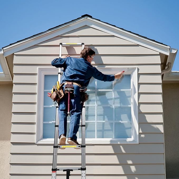BOCOM 10.5 FT Aluminum Telescoping Ladder, Lightweight Multi-Purpose Collapsible Extension with 2 Triangle Stabilizers, Heavy Duty 330 lbs Max Capacity, Ideal for Home, RV, and Outdoor Work Silver