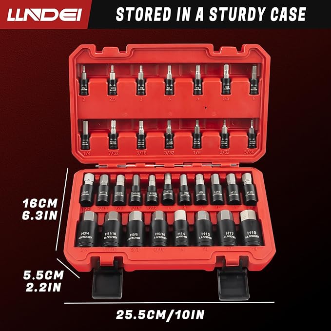 LLNDEI 33Pcs Allen Hex Bit Socket Set SAE/Metric | 5/64-3/4" & 2-19mm, CR-V & S2 Steel, 1/4 3/8 1/2" Drive, Impact Grade, For Automotive & DIY