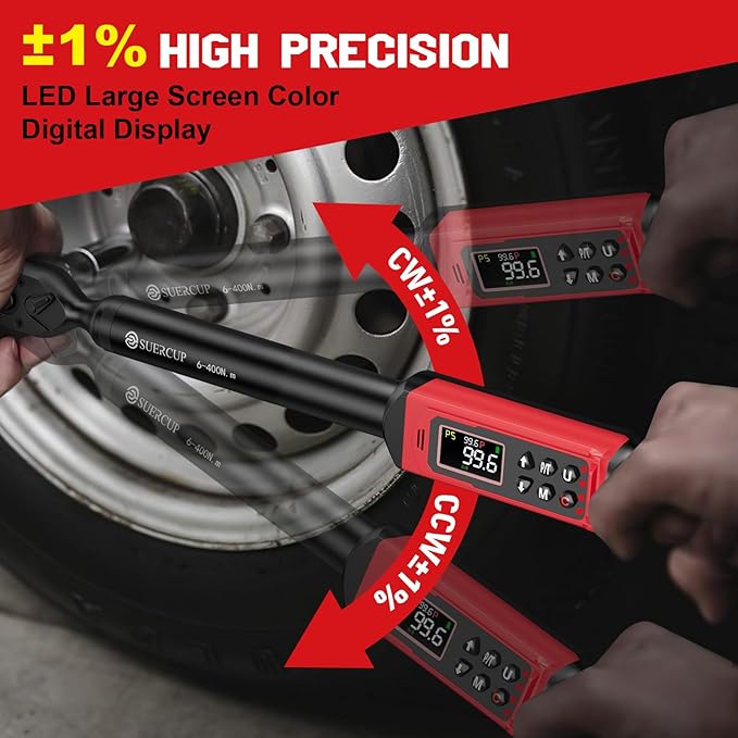 SUERCUP 1/2-inch Drive Digital Torque Wrench (4.4-295 Ft.lb/6-400Nm), ±1% Accuracy Digital Torque Wrench with Buzzer and LED Alarm,9 Preset Mode and Four Units of Measure for Car, Moto and Bike, DIY