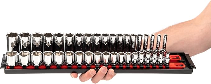 TEKTON 3/8 Inch Drive 6-Point Socket Set with Rails, 68-Piece (1/4-1 in., 6-24 mm) | SHD91220 | (1/4 - 1 in., 6 - 24 mm), Shallow and Deep, Socket Rail