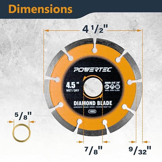 POWERTEC 4-1/2" Segmented Diamond Saw Blades for Angle Grinder, Diamond Blade for Cutting Concrete, Block, Brick, Pavers, Roofing Tile, 4.5 inch Diamond Blades for Wet/Dry Cutting, 3 Pack (14003-P3)