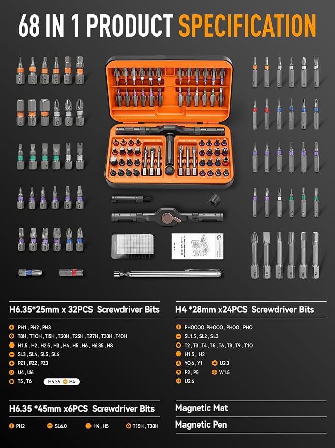 KELIN 68 IN 1 Magnetic Ratchet Screwdriver Set, T Handle Ratchet Screwdriver Kits with S2 Steel Bits for Home Daily Repair, Precision Electrical Appliance Repair, for Men Husband(Orange)