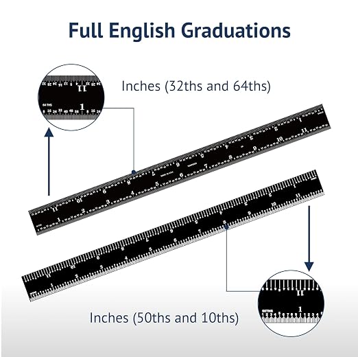 PEC Tools 12-Inch Rigid Stainless Steel Mechinist Ruler, High-Contrast Black Chrome Finish, 3R Graduation (1/32", 1/64", 1/10", 1/50"), Trusted by Professionals, Made in USA