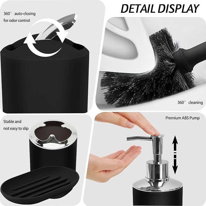 Lnond Black Bathroom Set, 23-Piece Black Geometric Bathroom Decor Set with with Shower Curtain and Rugs, Trash Can, Toilet Brush Holder Set & Soap Dispenser
