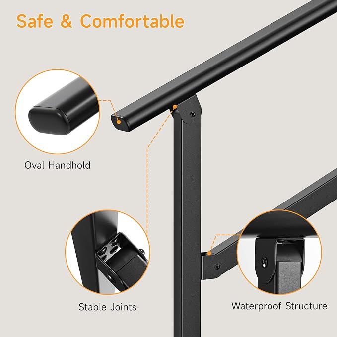 Hand Rails for Outdoor Steps 2-5 Steps Wrought Iron Handrails | Stair Railing for Porch, Home, Garden, Indoor, Staircase Handrails for Wooden, Cement, Brick, Marble (4 Steps)