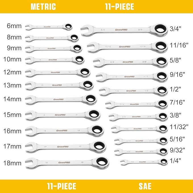 GRENPRO 23PCS Ratcheting Wrench Set Metric & SAE Combination Open End | 1/4"-3/4" & 6-18MM Bolt Gauge, CR-V Steel 72-Tooth 5-Degree Swing 12Pt, Roll Pouch For Auto &Home Repair, Corrosion Resistant