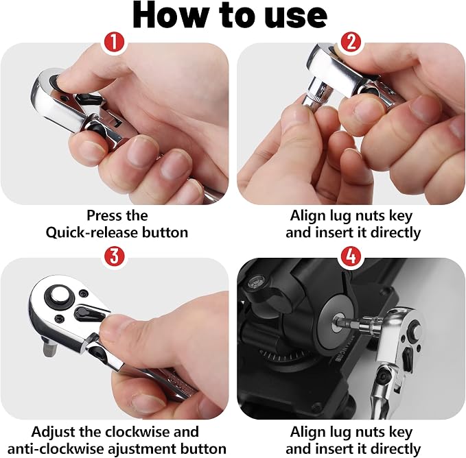 1/2 3/8 1/4 Inch Drive Ratchet Set 4Pcs Flex Head Ratchet Set | 72 Tooth Quick Release Flexible Swivel Head Socket Ratchet Wrench Set