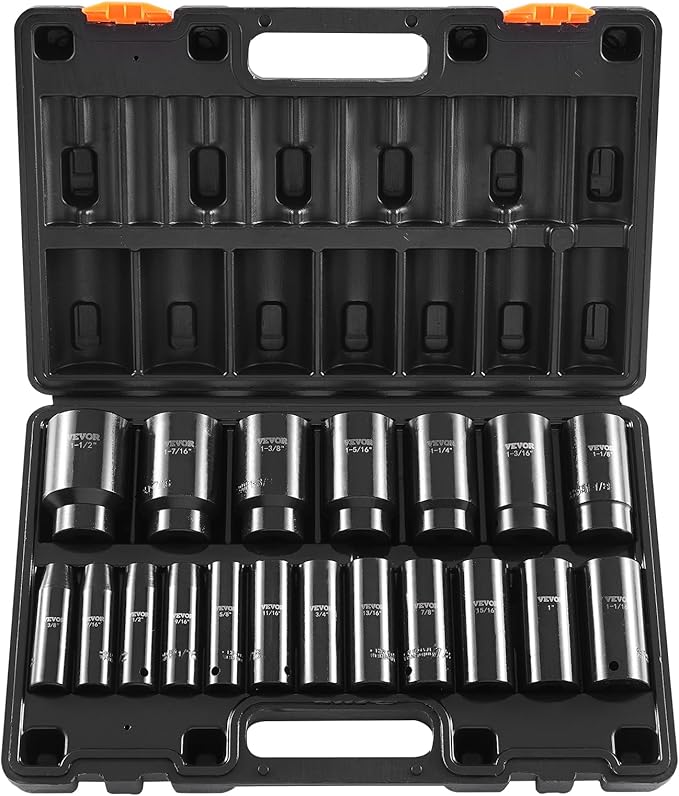 VEVOR Impact Socket Set, 1/2" 19 Piece Impact Sockets, Deep Socket, 6-Point Sockets, 1/2 Inches Drive Socket Set Impact 3/8 inch - 1-1/2 inch, Cr-V Rugged Construction, with a Storage Cage