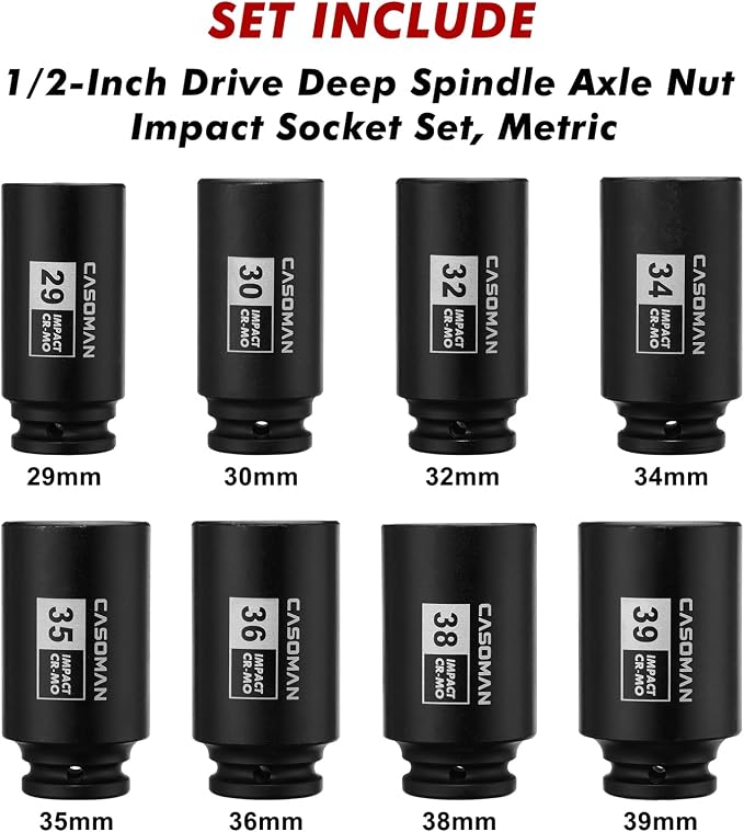 CASOMAN 1/2-Inch Drive Deep Spindle Axle Nut Impact Socket Set,12-Point, Metric, CR-MO, 29, 30, 32, 34, 35, 36, 38, 39mm, 8-Piece 1/2" Heavy Duty Impact Socket Set