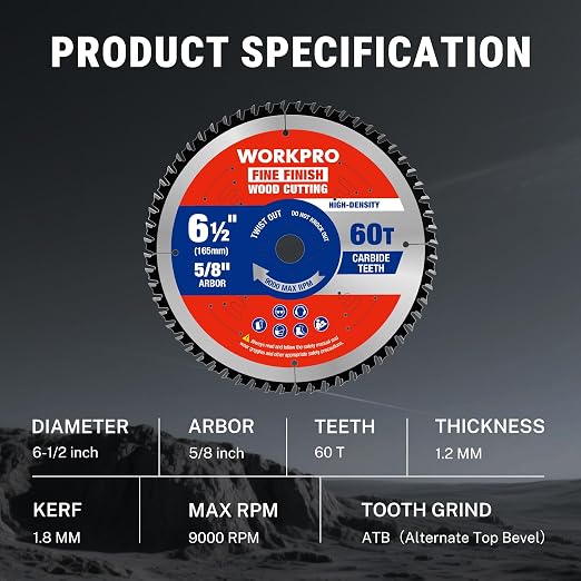 WORKPRO 6-1/2 Inch Woodworking Circular Saw Blade, 60T Fine Finish Plywood & Trim Cutting, Thin Kerf, Carbide Tipped, ATB Tooth, 1-Pack