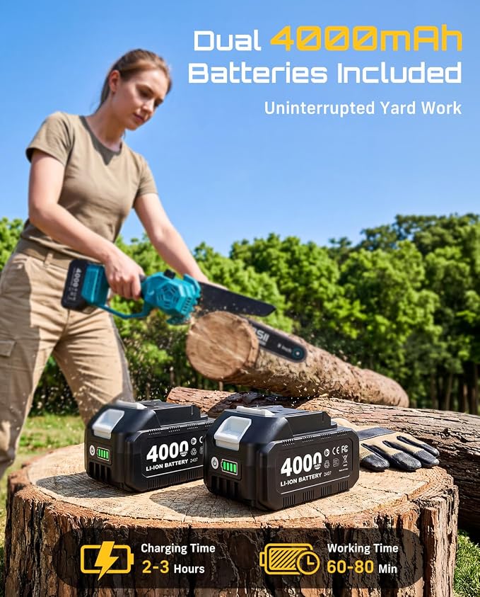 SEESII 4-in-1 Cordless 8 Inch Pole Chainsaw & Leaf Blower Battery Powered | 2 x 4000mAh Batteries, Adjustable 180° 560CFM Hand Blower, Electric Saw with 10FT Extension Pole for Tree Trimming, Lawn Care