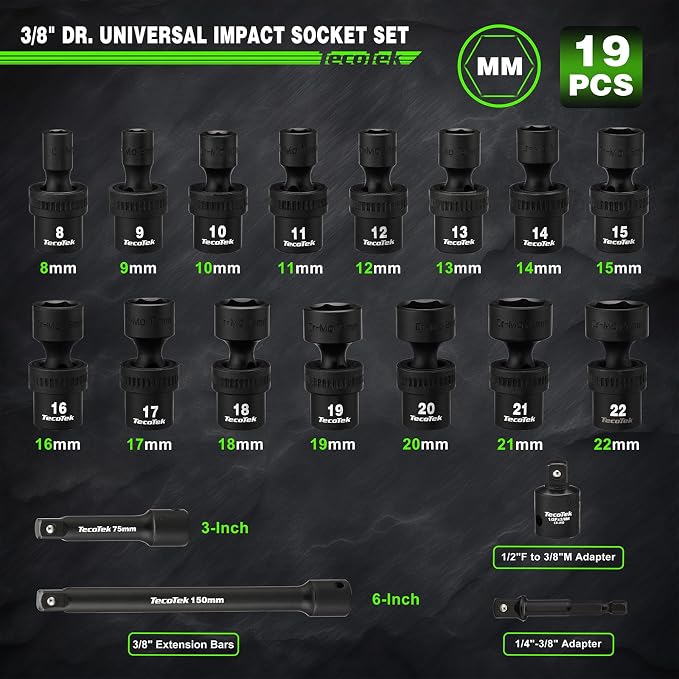 TecoTek 19 PCS 3/8" Drive Shallow Universal Impact Socket Set, Swivel Socket Set, 8-22mm, Metric Socket Set with Flexible Wobble, Cr-Mo Steel, Includes Extension Bars and Adapter