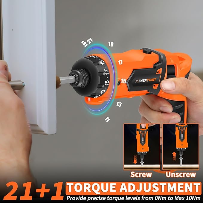 ENERTWIST Cordless Screwdriver, 8V Max 10Nm Electric Screwdriver Rechargeable Set with 82 Accessory Kit and Charger in Carrying Case, 21+1 Cluth, Dual Position Handle, LED Light, ET-CS-8