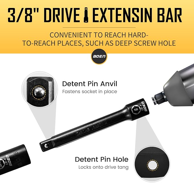 BOEN 14-Piece 3/8" Drive Deep SAE Impact Socket Set, 3/8" to 1" Socket, 3/8-Inch Drive Universal Joint丨6", 10" Extension Bars, 6 Point Design, Cr-V Steel, Heavy Duty Storage Case